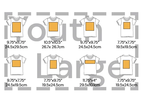 Sizing chart with several common sizes for design images added to t-shirts.  Learn more at TransferExpress.com