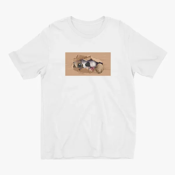 dog-peeking-through-cardboard-hole-tshirt